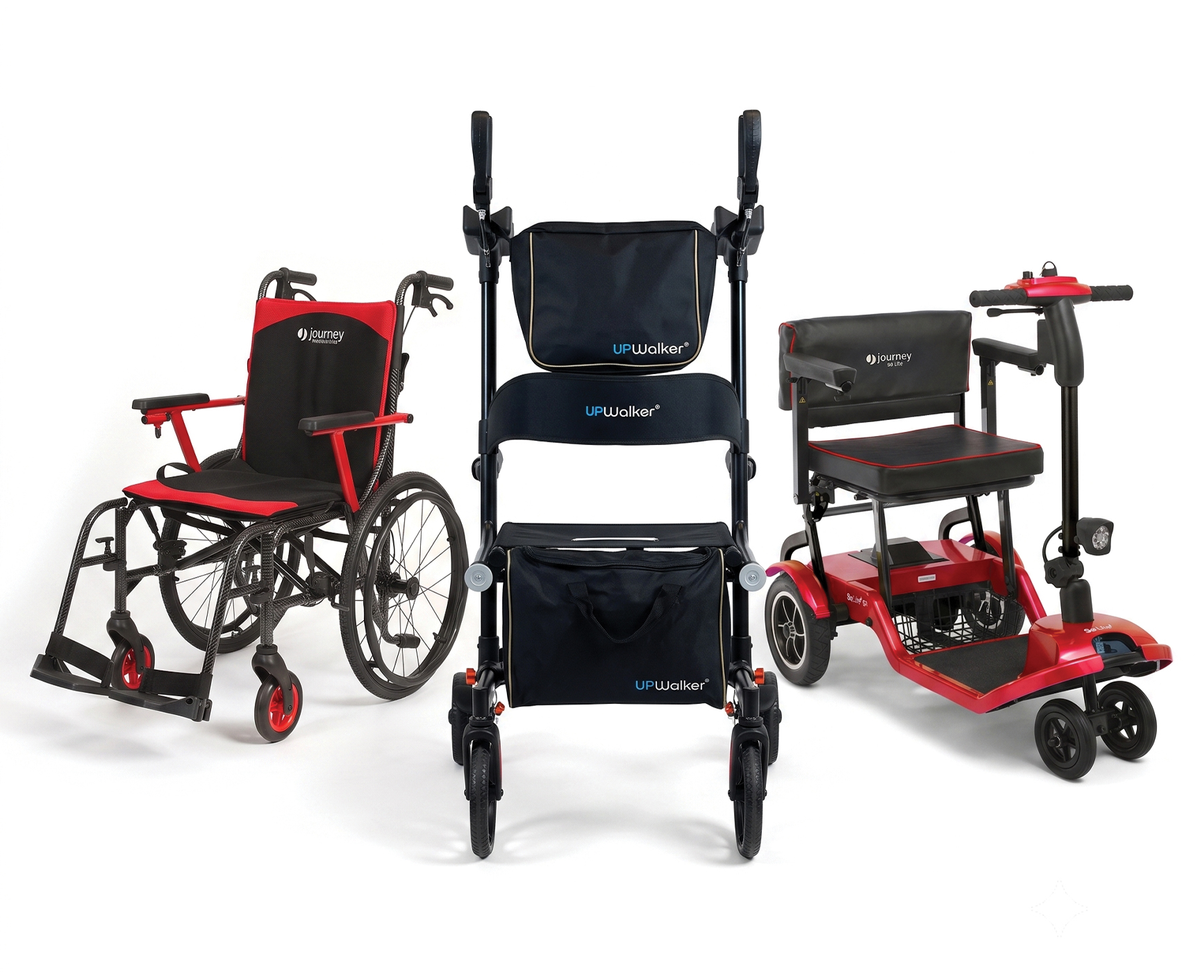 Three mobility aids from Journey Health & Lifestyle shown together on a white studio background: a black and red manual wheelchair on the left, a black rollager walker in the center, and a red and black power chair on the right.