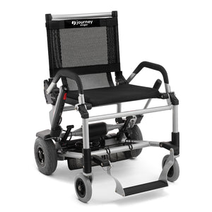 A lightweight, foldable CPO - Zinger® Folding Power Chair with black mesh seat and backrest, silver frame, large rear wheels, small front wheels, footrest, and visible Zinger branding on the backrest.