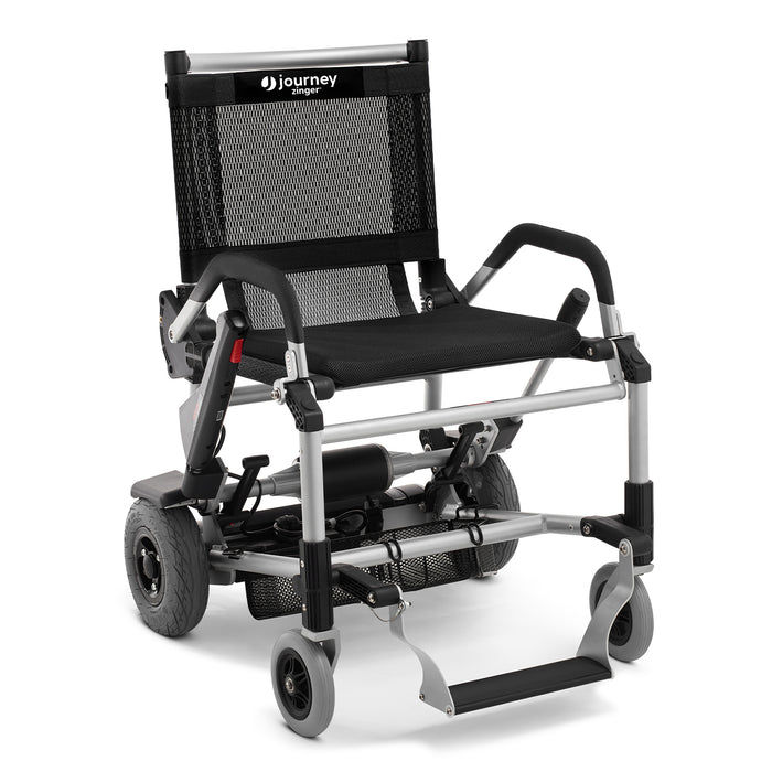A lightweight, foldable CPO - Zinger® Folding Power Chair with black mesh seat and backrest, silver frame, large rear wheels, small front wheels, footrest, and visible Zinger branding on the backrest.