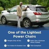 An older man stands by a silver SUV, lifting a Journey Zinger® Folding Power Chair. Text highlights its zero-turn radius, 42-lb weight, suitcase-style rolling, indoor/outdoor suitability, and TSA compliance.