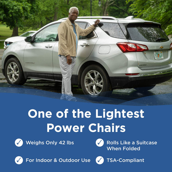 An older man stands by a silver SUV, lifting a Journey Zinger® Folding Power Chair. Text highlights its zero-turn radius, 42-lb weight, suitcase-style rolling, indoor/outdoor suitability, and TSA compliance.