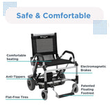 The Journey Zinger® Folding Power Chair, in black and silver, features comfortable seating, zero-turn radius for easy maneuvering, anti-tippers, flat-free tires, electromagnetic brakes, and a patented floating footrest. Safe & Comfortable.