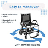 The Journey Zinger® Folding Power Chair in black and silver features a lightweight frame, mesh seat and backrest, large rear wheels, smaller front wheels, easy two-handed control, 3 speeds, and a compact 24 turning radius for excellent maneuverability.