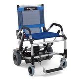 The CPO - Zinger® Folding Power Chair features a lightweight, foldable design with a blue mesh seat and backrest, black armrests, large rear wheels, and small front wheels for enhanced mobility and comfort.