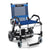 A Journey Zinger® Folding Power Chair with a blue mesh seat and backrest, black armrests, footrest, large rear wheels for mobility, and Journey branding on the backrest. Certified pre-owned. Lightweight and foldable design.