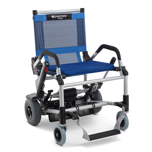 A Journey Zinger® Folding Power Chair with a blue mesh seat and backrest, black armrests, footrest, large rear wheels for mobility, and Journey branding on the backrest. Certified pre-owned. Lightweight and foldable design.