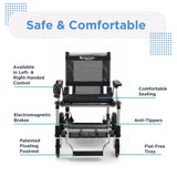 Front view of the Journey Zoomer Lightweight Folding Power Chair in black and silver, labeled with left/right-handed control, electromagnetic brakes, floating footrest, comfortable seat, anti-tippers, and flat-free tires. Text: Safe & Comfortable.
