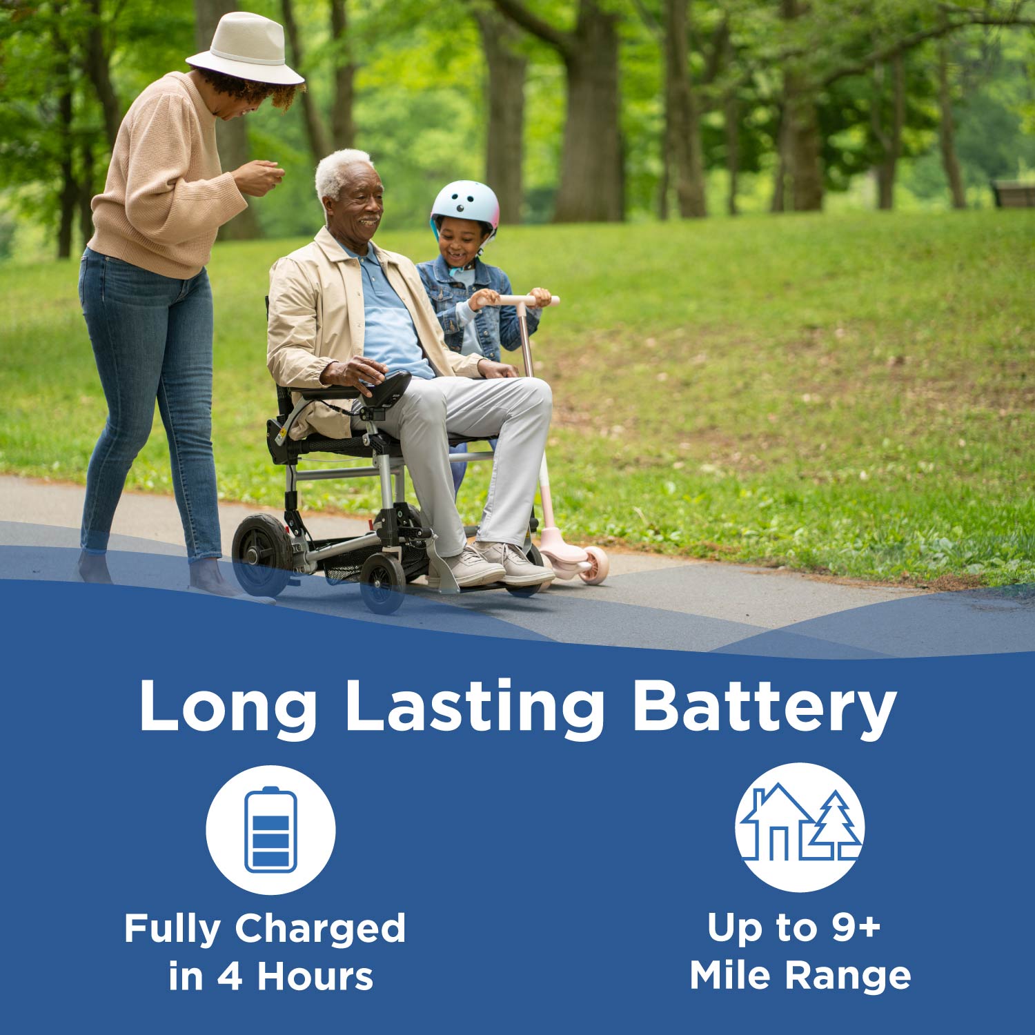 An older man sits in a Journey Zoomer Lightweight Folding Power Chair on a park path, joined by a smiling woman and a child on a scooter. Text highlights its long-lasting battery—fully charged in 4 hours for up to 9+ mile range.