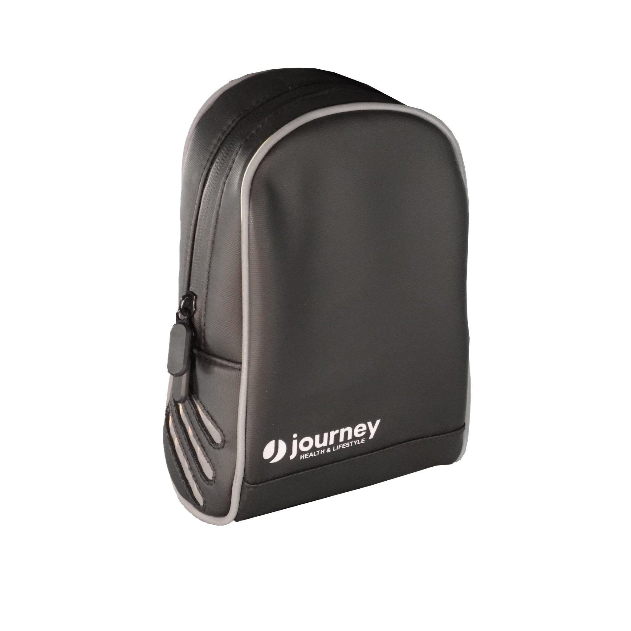 A black zippered pouch with a smooth surface, rounded edges, and gray accents complements the Journey Air Elite Max Ultra-Lightweight Portable Power Chair. Features the journey HEALTH & LIFESTYLE logo in white on the front.