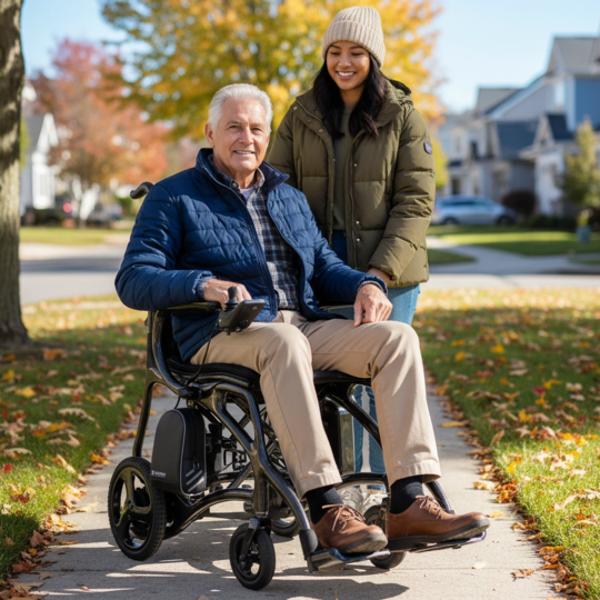 An older man smiles while seated in a Journey Air Elite Max Ultra-Lightweight Portable Power Chair on a sunny sidewalk, as a younger woman in a coat and beanie stands behind him. Autumn leaves and suburban homes can be seen in the background.