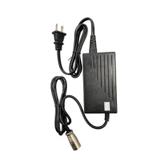 A Journey Air Elite Replacement Power Chair Charger is a black OEM charger with a two-prong plug and cylindrical metal connector, ideal for your power chair. Shown on a white background.
