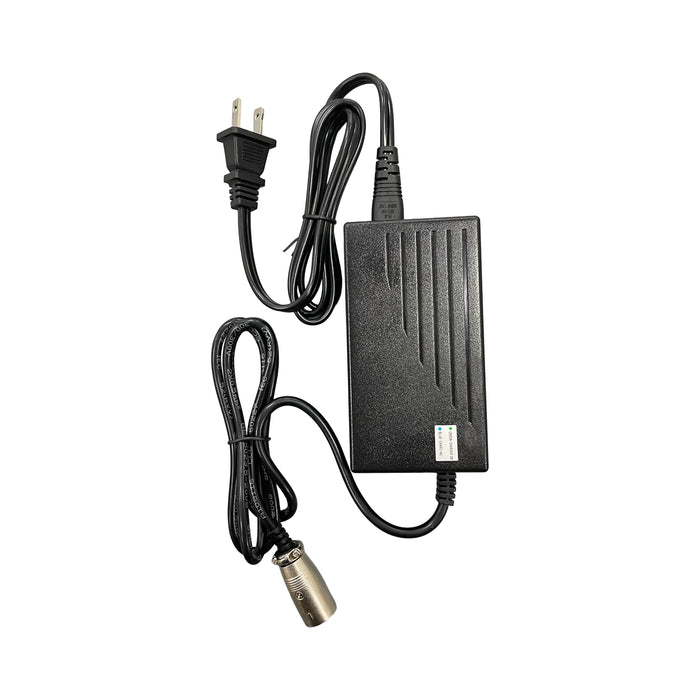 A Journey Air Elite Replacement Power Chair Charger is a black OEM charger with a two-prong plug and cylindrical metal connector, ideal for your power chair. Shown on a white background.