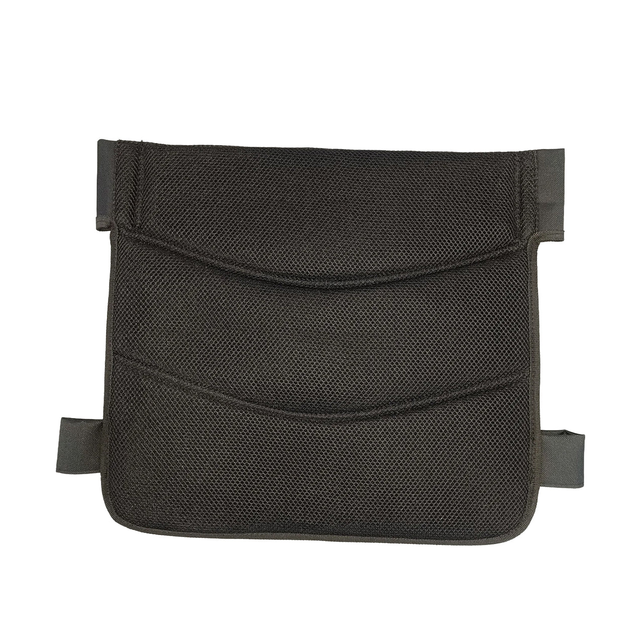 The Journey Air Elite - Replacement Backrest Cushion, shown against a white background, fits perfectly in the black mesh organizer pouch with two open pockets and four straps—ideal for added lumbar support and storage on your power chair.