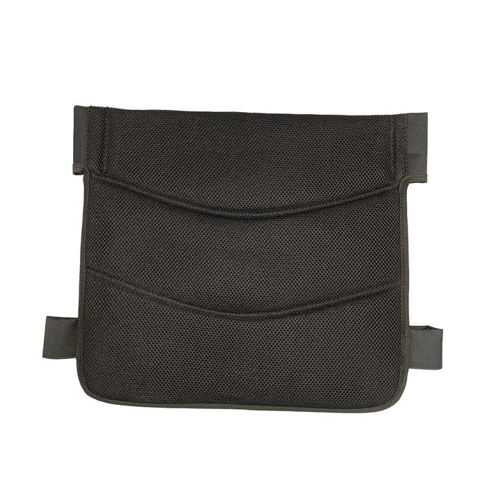 The Journey Air Elite - Replacement Backrest Cushion, shown against a white background, fits perfectly in the black mesh organizer pouch with two open pockets and four straps—ideal for added lumbar support and storage on your power chair.