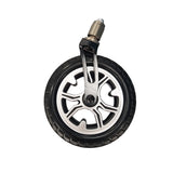 A single Journey Air Elite Front Wheel & Fork – Durable Black, with a thick rubber tire and metallic mount, shown against a plain white background. Perfect as a replacement front wheel or power chair part.