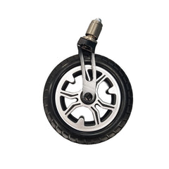 A single Journey Air Elite Front Wheel & Fork – Durable Black, with a thick rubber tire and metallic mount, shown against a plain white background. Perfect as a replacement front wheel or power chair part.