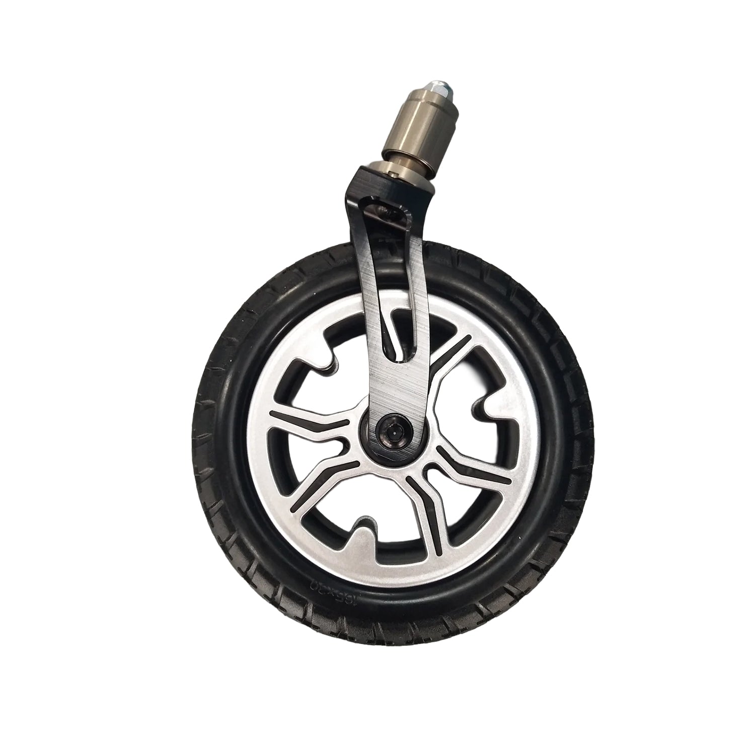 A single Journey Air Elite Front Wheel & Fork – Durable Black, with a thick rubber tire and metallic mount, shown against a plain white background. Perfect as a replacement front wheel or power chair part.