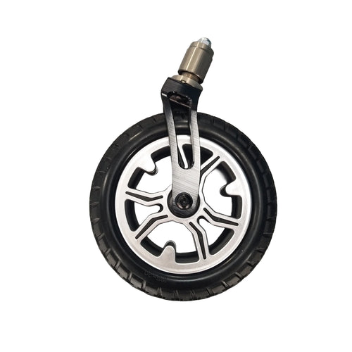 A single Journey Air Elite - Replacement Front Wheel w/Fork - Black, featuring a rubber tire and metal fork, ideal as a mobility scooter replacement part, shown isolated on a white background.