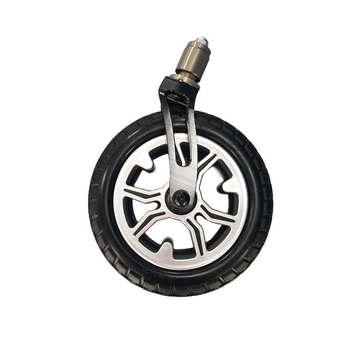 A single Journey Air Elite Front Wheel & Fork – Durable Black, with a thick rubber tire and metallic mount, shown against a plain white background. Perfect as a replacement front wheel or power chair part.