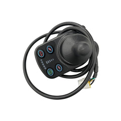 The Journey Air / Air Elite Replacement Joystick & Controller is black with four colored buttons, indicator lights, and a coiled cable with multi-pin connector—perfect as a replacement for gaming setups. Set against a white background.