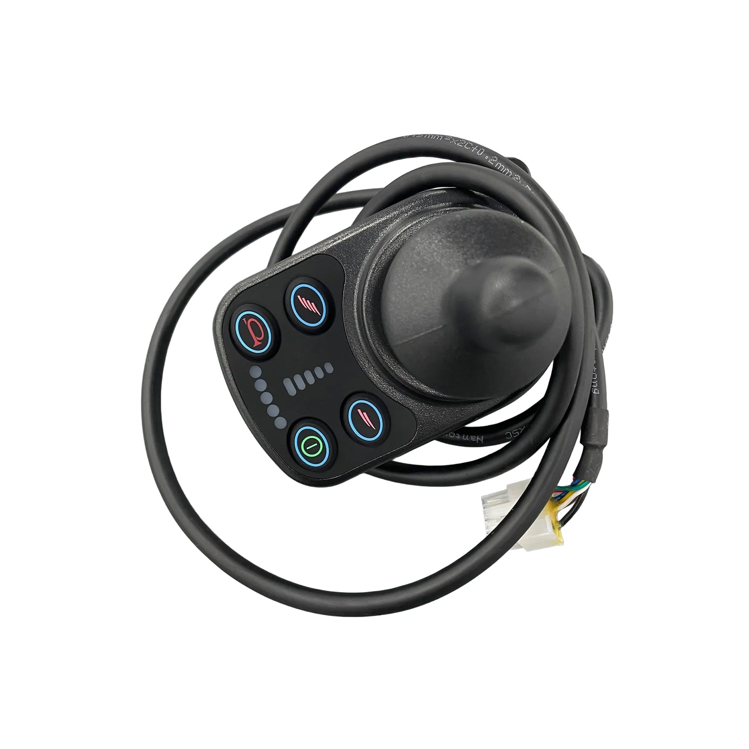The Journey Air / Air Elite Replacement Joystick & Controller is black with four colored buttons, indicator lights, and a coiled cable with multi-pin connector—perfect as a replacement for gaming setups. Set against a white background.