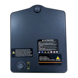 A black Journey Air Elite - Replacement Lithium Battery10Ah featuring a power switch, charging port, and multiple caution labels with safety and operating instructions, shown on a white background.