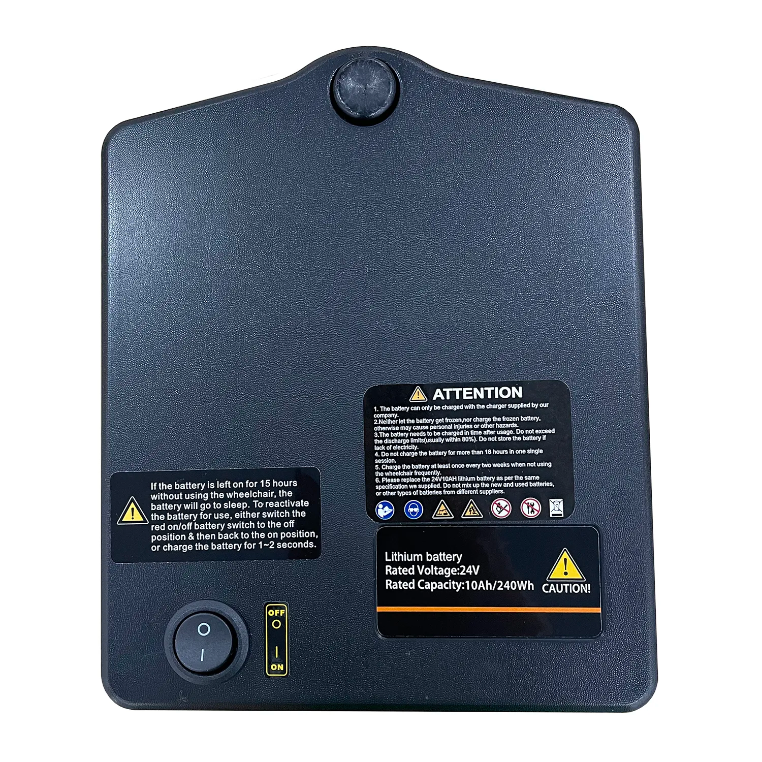 A black rectangular lithium battery pack, like the Journey Air Elite Power Chair Battery Replacement 10Ah, features a power switch, indicator light, and various labels—including voltage and capacity details—on its surface.