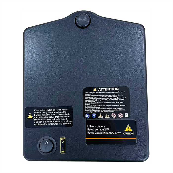 A black Journey Air Elite - Replacement Lithium Battery10Ah featuring a power switch, charging port, and multiple caution labels with safety and operating instructions, shown on a white background.