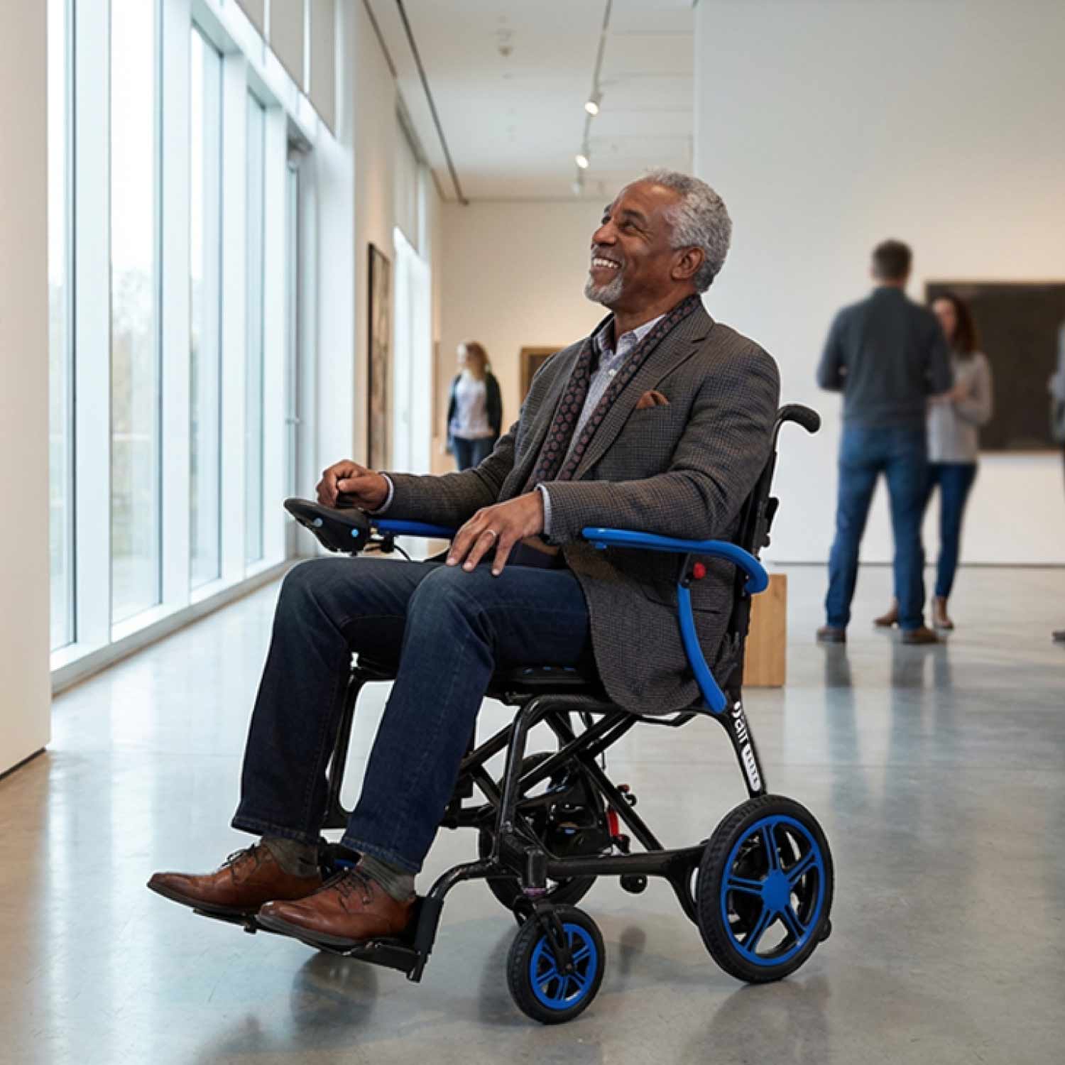 A man smiles as he navigates an art gallery in the Journey Certified Pre-Owned Air Elite Lightweight Power Chair Red. Large windows, people, and colorful artworks create a vibrant, welcoming scene in the background.