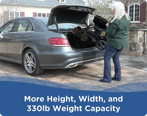 Woman loading a Journey Health & Lifestyle Power Chair into the trunk of a car with text about product specifications.