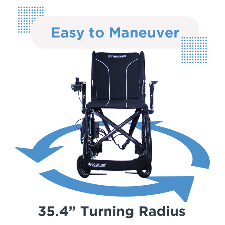 A black Journey Air Elite Max electric wheelchair, built with lightweight carbon fiber, faces forward as blue arrows circle it. Text above says "Easy to Maneuver," below reads "35.4” Turning Radius," with blue dotted squares in the corners.