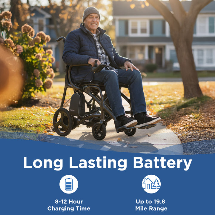 An older man in a Journey Air Max Ellte  smiles outdoors in a suburban neighborhood. Text highlights the Journey Air Elite Max power chair with a long-lasting battery, 8-12 hour charging time, and up to 19.8-mile extended range.