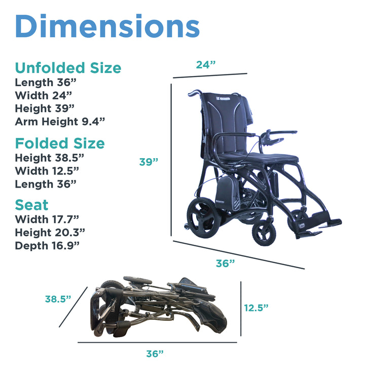 The Journey Air Elite Max black power chair, with lightweight carbon fiber parts, is pictured upright and folded. Blue and green text displays unfolded and folded dimensions plus seat measurements on a white background.