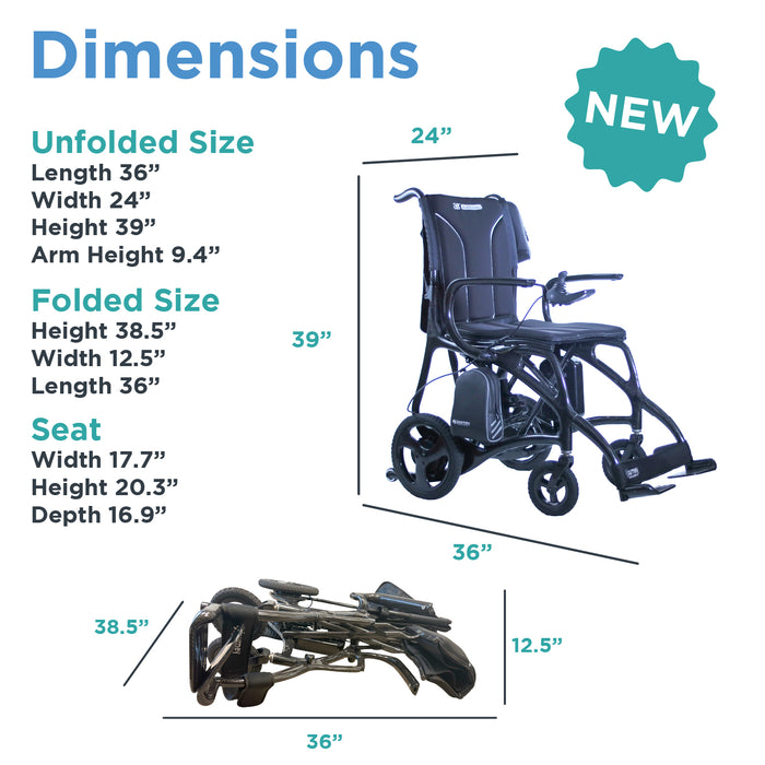 The Journey Air Elite Max, a lightweight black carbon fiber folding wheelchair, is displayed both upright and folded. Size labels show 36x24x39 inches unfolded and 38.5x12.5x36 inches folded. A "NEW" badge appears in the top right corner.