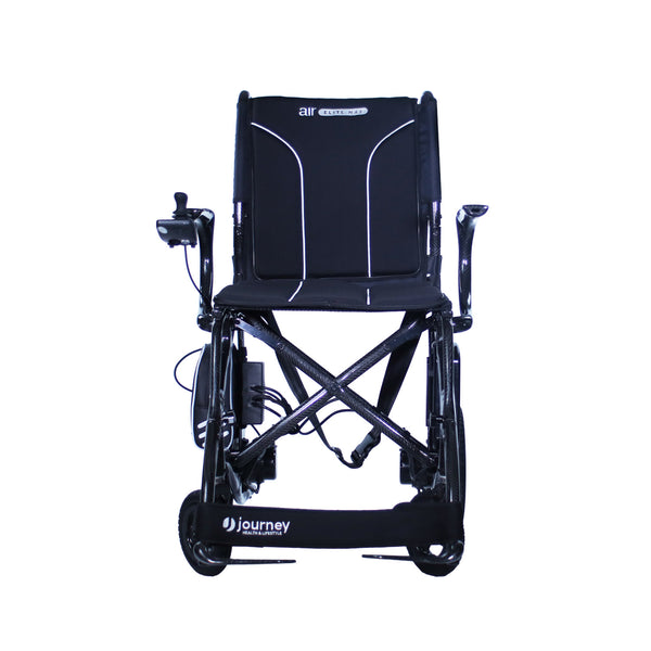 The Journey Air Elite Max is a lightweight carbon fiber electric wheelchair with a padded seat and backrest, white accents, "air" on the headrest, left-side joystick control, and Journey Health & Lifestyle branding on the footplate.
