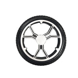 The Journey Air Elite Replacement Rear Wheel - Black features a durable rubber tire and silver-black five-spoke alloy wheel, photographed from above on a white background—ideal for those seeking reliable, stylish rear wheel performance.