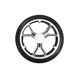 The Journey Air Elite Replacement Rear Wheel - Black features a durable rubber tire and silver-black five-spoke alloy wheel, photographed from above on a white background—ideal for those seeking reliable, stylish rear wheel performance.