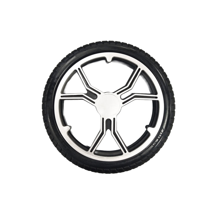 The Journey Air Elite Replacement Rear Wheel - Black features a durable rubber tire and silver-black five-spoke alloy wheel, photographed from above on a white background—ideal for those seeking reliable, stylish rear wheel performance.