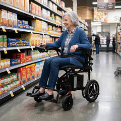 Senior woman in a Journey Power Chair  shopping in a grocery store aisle.
