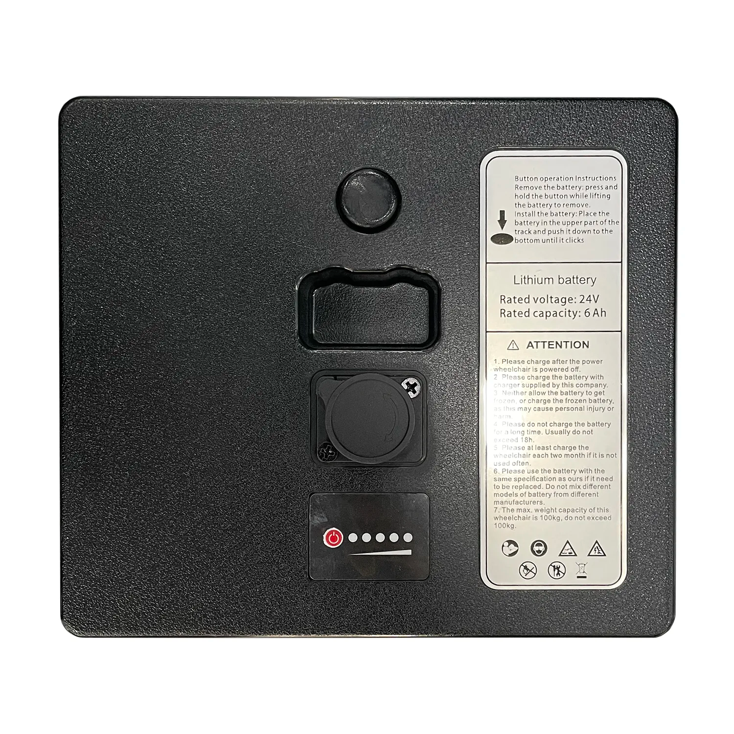 The Journey Air Power Chair 6Ah Lithium Battery Replacement is a black rectangular battery with a covered circular port, four-light indicator, handle slot, and lithium battery label—specifically designed for your Journey Air power chair.