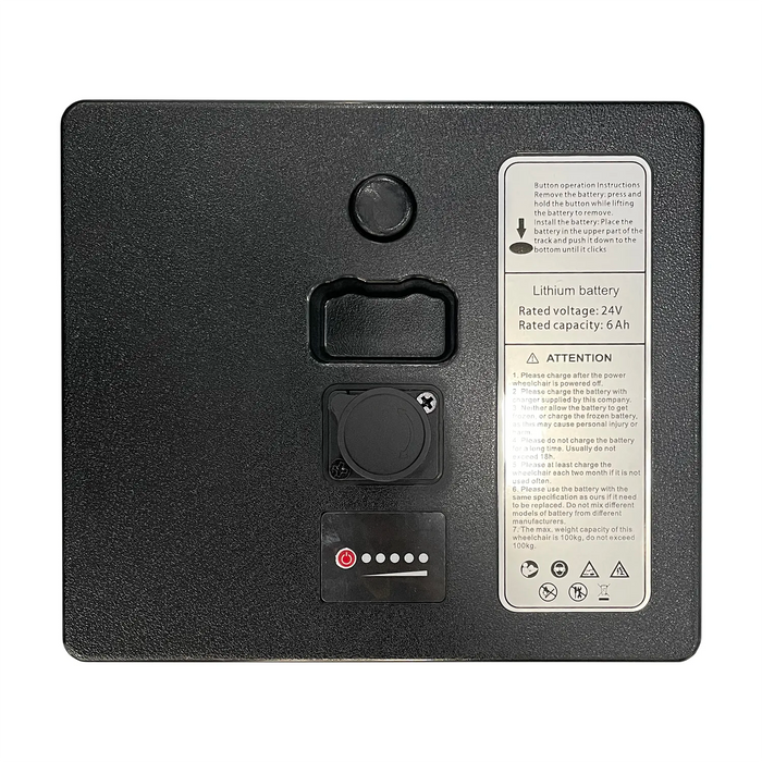The Journey Air Power Chair 6Ah Lithium Battery Replacement is a black rectangular battery with a covered circular port, four-light indicator, handle slot, and lithium battery label—specifically designed for your Journey Air power chair.