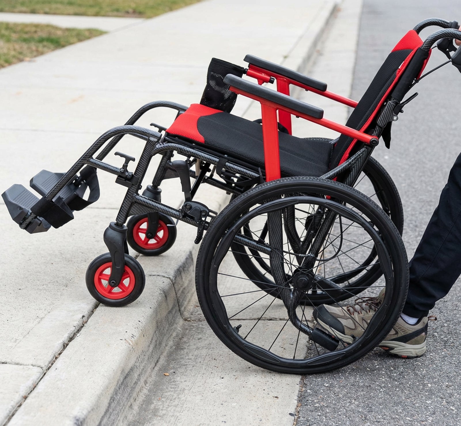 Only the lower legs of a person are visible as they help the Journey So Lite® C2 Ultra Lightweight Wheelchair up a sidewalk curb; its foldable frame has front wheels on the curb while rear wheels remain on the street.