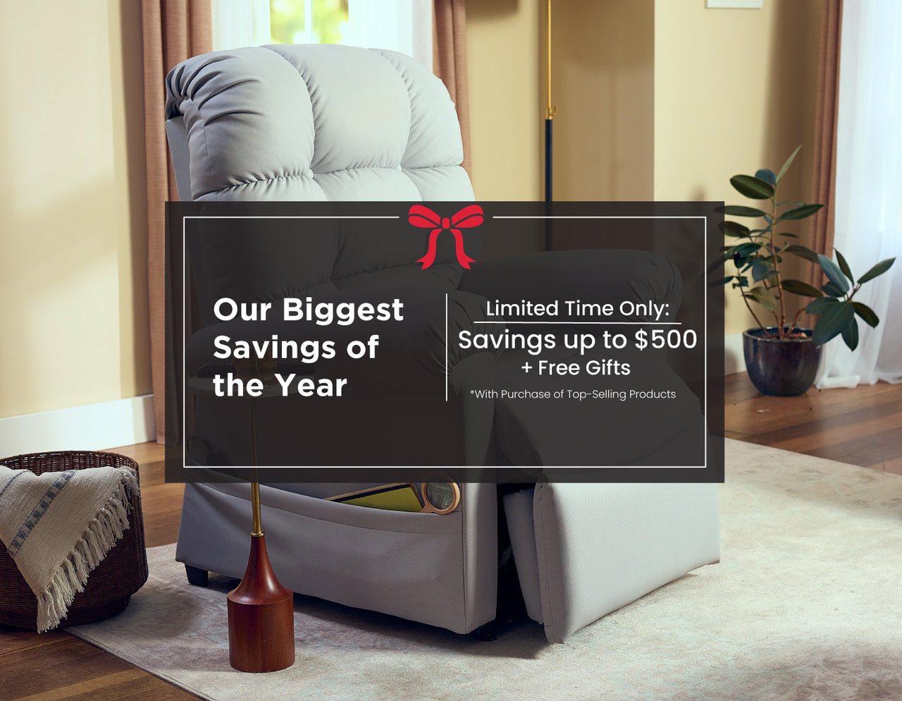 Living room with a promotional banner for savings and free gifts.