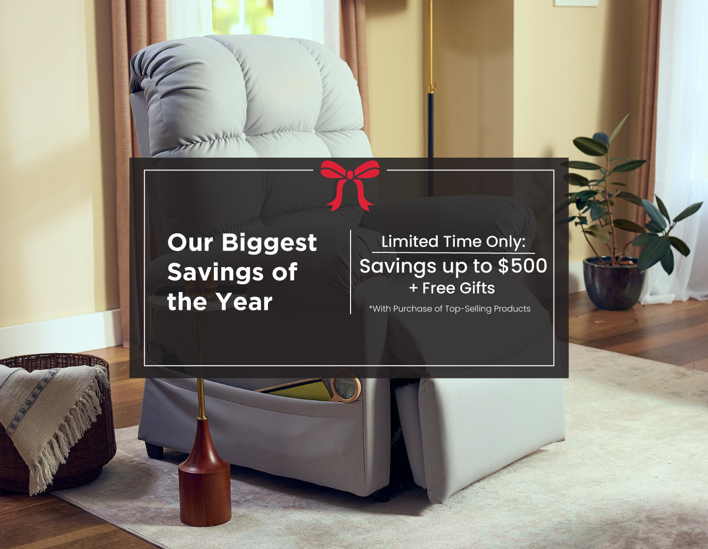 Living room with a promotional banner for savings and free gifts.