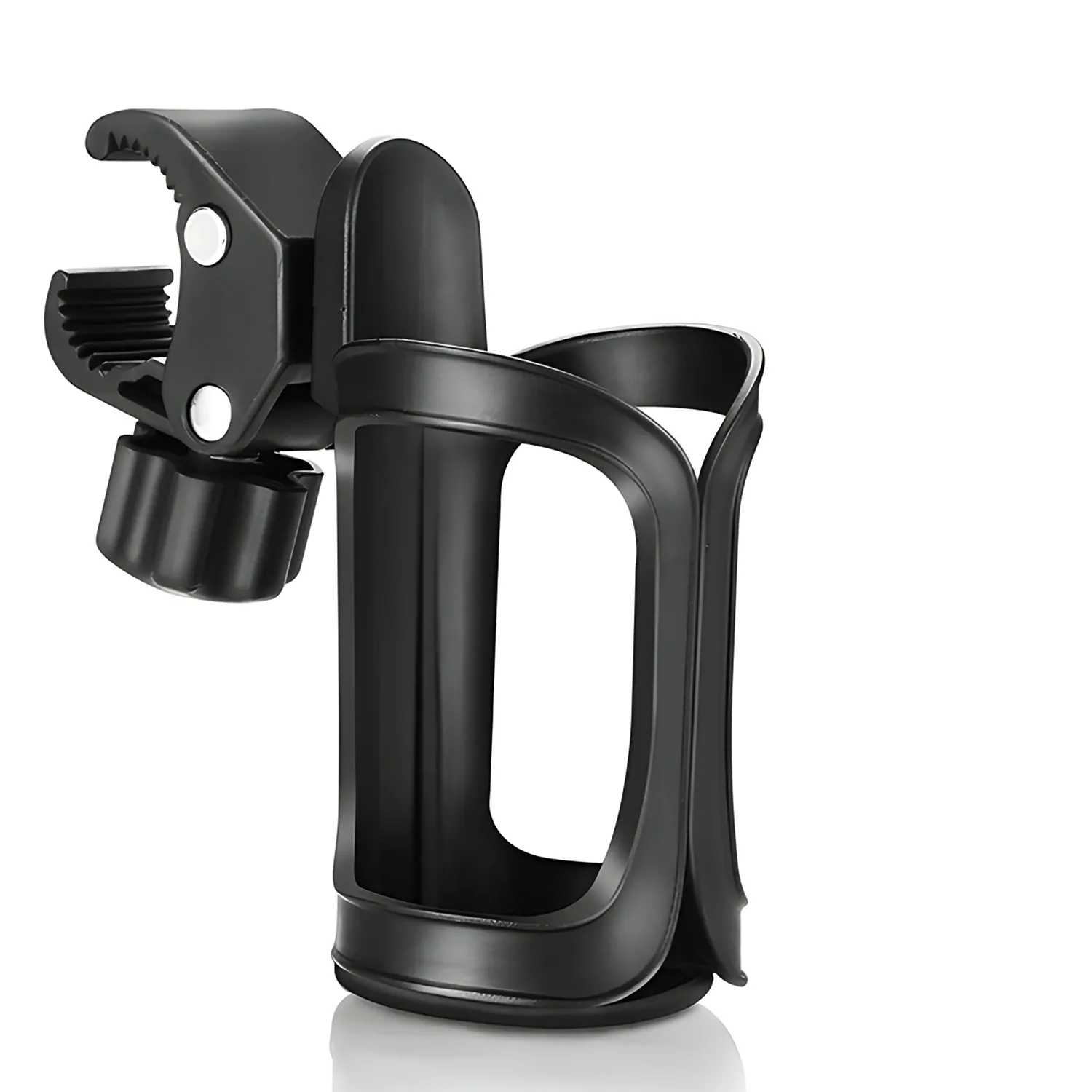 The Journey Universal Fit Bottle Holder for Chairs & Scooters features a black adjustable clamp and ridged grip, securing beverages to strollers, bikes, or scooters. The open-frame design is displayed against a white background.