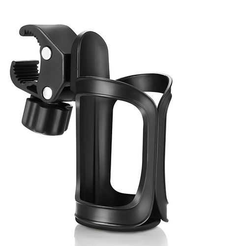 The Universal Bottle Holder is a black, adjustable clip-on drink holder with a rubber-grip clamp and two silver screws, designed for strollers, bikes, or wheelchairs. Its open-frame design ensures secure attachment to various mobility devices.