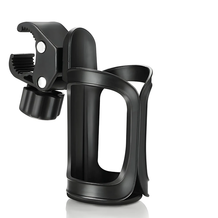 The Journey Universal Fit Bottle Holder for Chairs & Scooters features a black adjustable clamp and ridged grip, securing beverages to strollers, bikes, or scooters. The open-frame design is displayed against a white background.