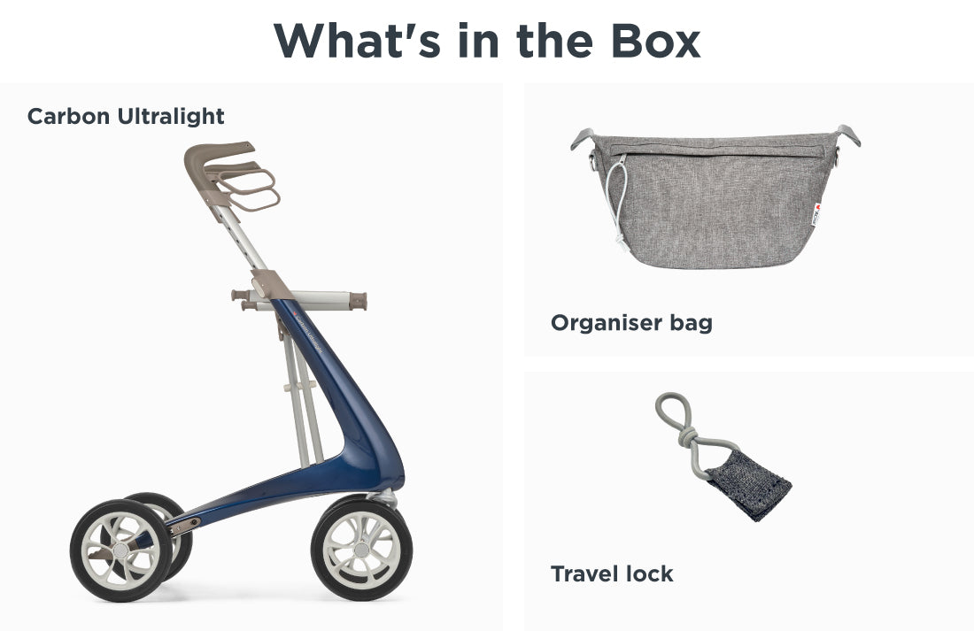 The box includes a blue byACRE Carbon Ultralight Rollator, a grey organiser bag, and a small grey travel lock with a looped cable.