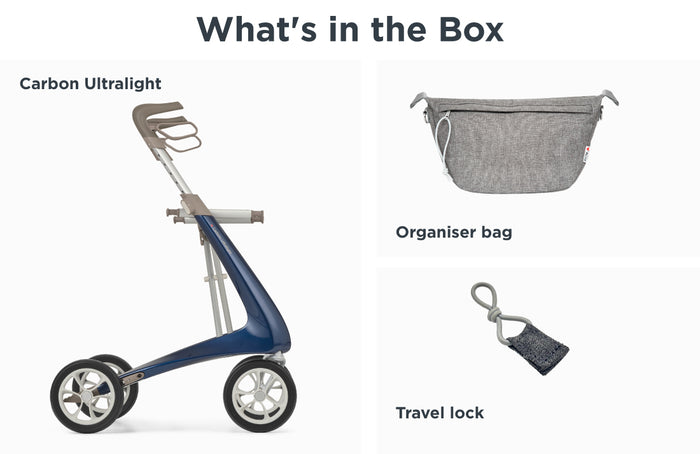 The box includes a blue byACRE Carbon Ultralight Rollator, a grey organiser bag, and a small grey travel lock with a looped cable.