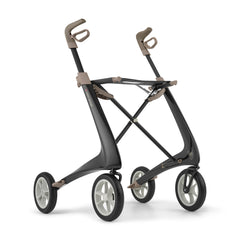 The byACRE Carbon Ultralight Rollator is a modern mobility aid featuring four large wheels, ergonomic handles, and a sleek black and tan minimalist frame for effortless movement.